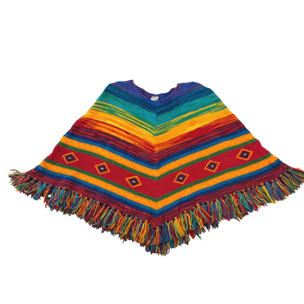 VTG Boombaba Collections 100% Wool Rainbow Striped Fringe Poncho Handmade Nepal